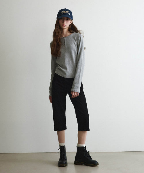 WOMAN HENLEY EYELET LONG SLEEVE #SANA同款！ - 2 COLORS MELANGE GREY