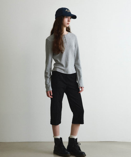 WOMAN HENLEY EYELET LONG SLEEVE #SANA同款！ - 2 COLORS MELANGE GREY