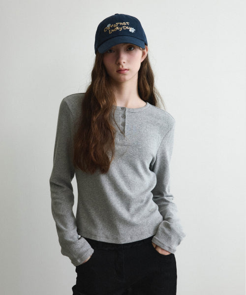 WOMAN HENLEY EYELET LONG SLEEVE #SANA同款！ - 2 COLORS MELANGE GREY