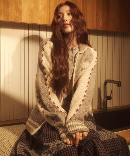 WOMAN HENLEY EYELET LONG SLEEVE #SANA同款！ - 2 COLORS BROWN
