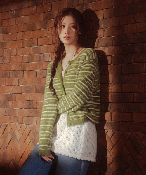 WOMAN STRIPE HAIRY CARDIGAN #SANA同款！ - 2 COLORS OLIVE