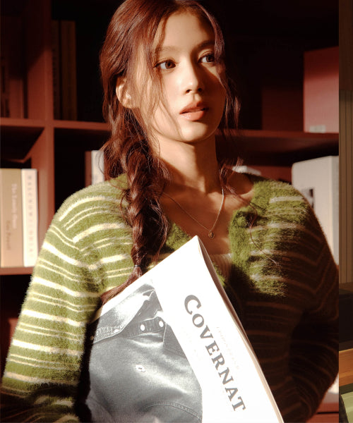 WOMAN STRIPE HAIRY CARDIGAN #SANA同款！ - 2 COLORS OLIVE