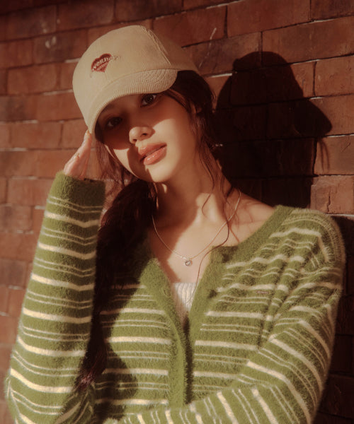 WOMAN STRIPE HAIRY CARDIGAN #SANA同款！ - 2 COLORS OLIVE