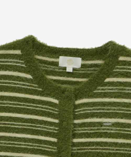WOMAN STRIPE HAIRY CARDIGAN #SANA同款！ - 2 COLORS OLIVE