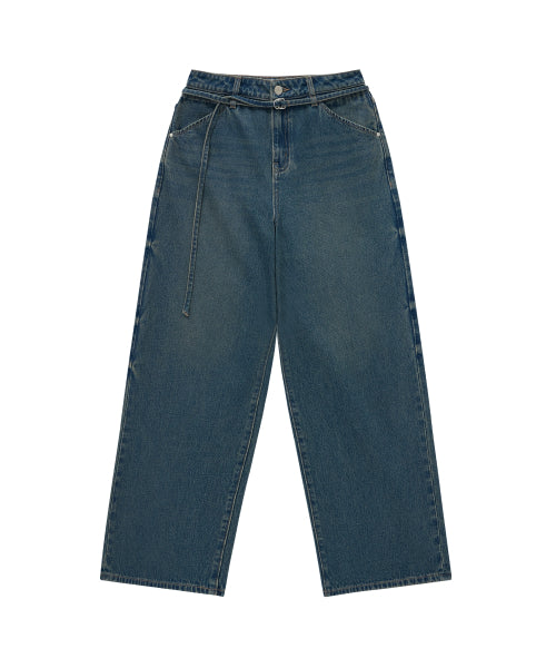 WOMAN WIDE BELTED DENIM PANTS #SANA同款！ - 2 COLORS BLUE