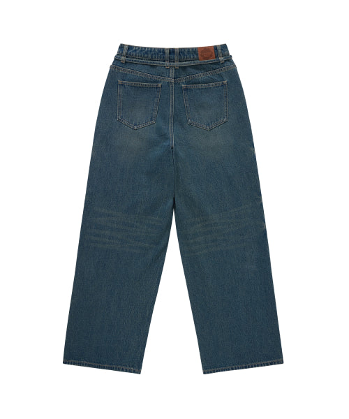WOMAN WIDE BELTED DENIM PANTS #SANA同款！ - 2 COLORS BLUE