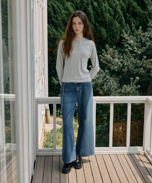 WOMAN WIDE BELTED DENIM PANTS #SANA同款！ - 2 COLORS BLUE
