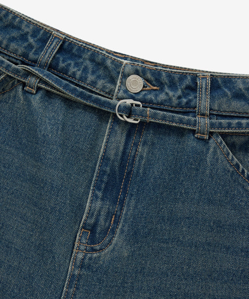 WOMAN WIDE BELTED DENIM PANTS #SANA同款！ - 2 COLORS BLUE