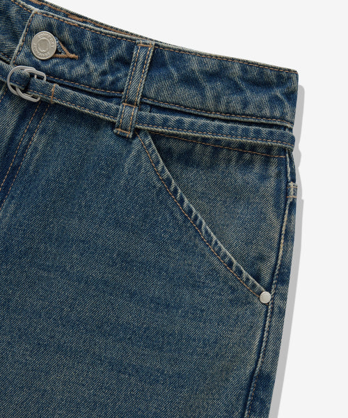 WOMAN WIDE BELTED DENIM PANTS #SANA同款！ - 2 COLORS BLUE