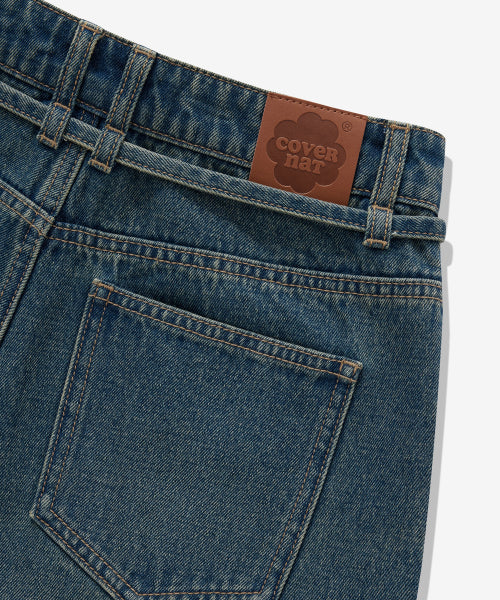 WOMAN WIDE BELTED DENIM PANTS #SANA同款！ - 2 COLORS BLUE