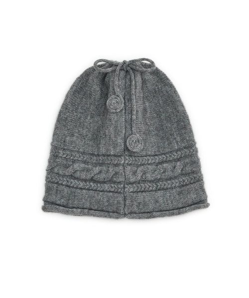 BUTTON CABLE KNIT STRING BEANIE - 3 COLORS MELANGE GREY