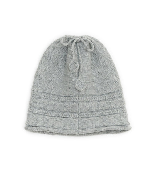 BUTTON CABLE KNIT STRING BEANIE - 3 COLORS LIGHT GREY
