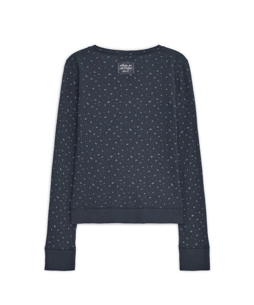 FLOWER HENLEY NECK LONG SLEEVE TEE - 2 COLORS NAVY