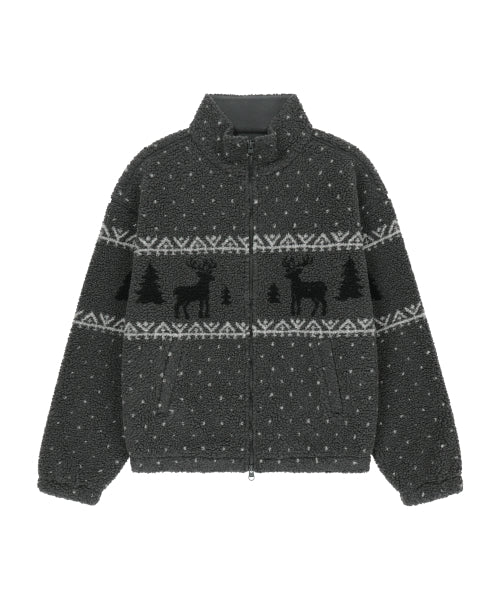 HIGH NECK PATTERN FLEECE JACKET - 3 COLORS GREY