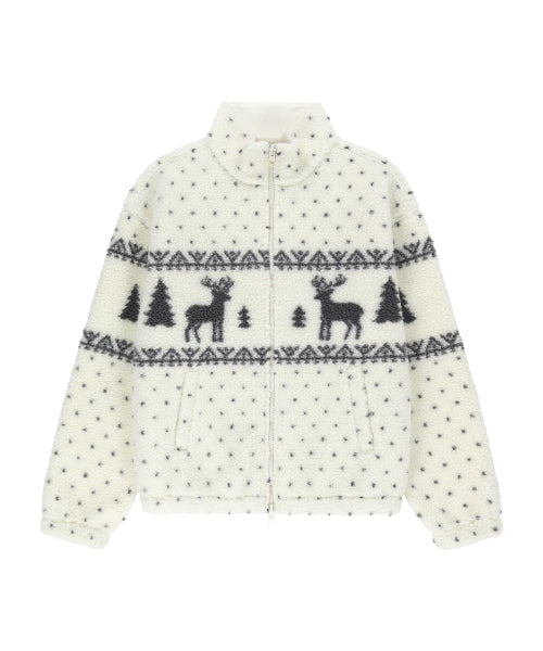 HIGH NECK PATTERN FLEECE JACKET - 3 COLORS IVORY