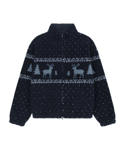 HIGH NECK PATTERN FLEECE JACKET - 3 COLORS NAVY