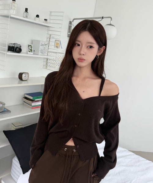 ONE OFF SHOULDER LACE CARDIGAN - 3 COLORS BROWN