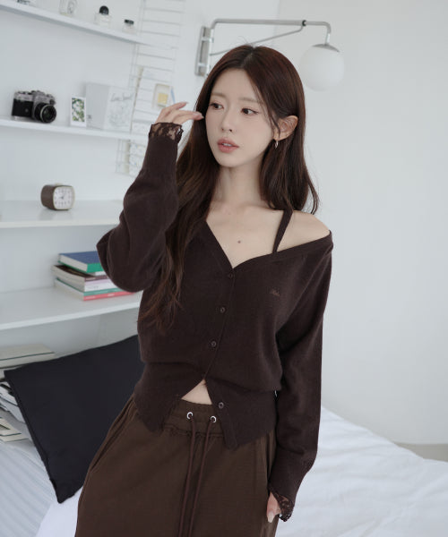 ONE OFF SHOULDER LACE CARDIGAN - 3 COLORS BROWN