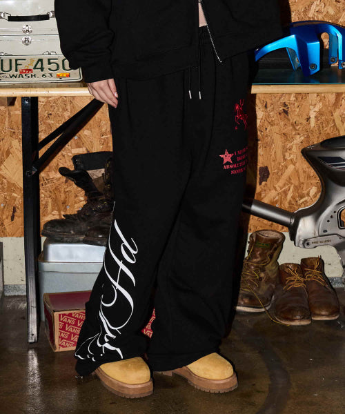 HOODHOOD X HOODGIRLS GRAPHIC WIDE STRING SWEATPANTS - 2 COLORS BLACK
