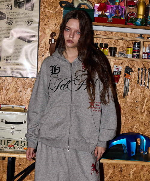 HOODHOOD X HOODGIRLS 88 BACK GRAPHIC STAR HOOD ZIP UP - 2 COLORS MELANGE GREY