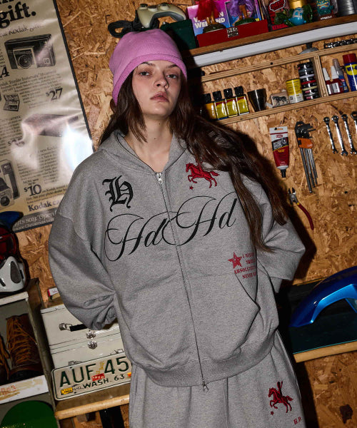 HOODHOOD X HOODGIRLS 88 BACK GRAPHIC STAR HOOD ZIP UP - 2 COLORS MELANGE GREY