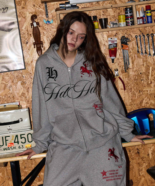 HOODHOOD X HOODGIRLS 88 BACK GRAPHIC STAR HOOD ZIP UP - 2 COLORS MELANGE GREY