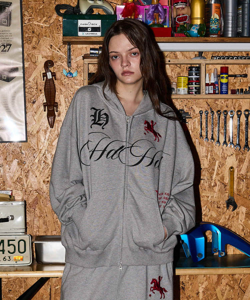 HOODHOOD X HOODGIRLS 88 BACK GRAPHIC STAR HOOD ZIP UP - 2 COLORS MELANGE GREY