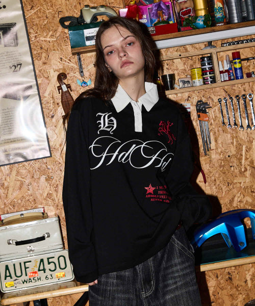 HOODHOOD X HOODGIRLS RUGBY POLO SHIRT LONG SLEEVE - 2 COLORS BLACK