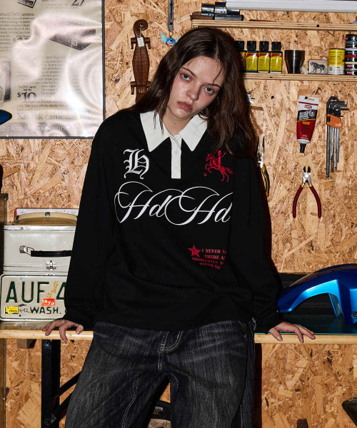 HOODHOOD X HOODGIRLS RUGBY POLO SHIRT LONG SLEEVE - 2 COLORS BLACK