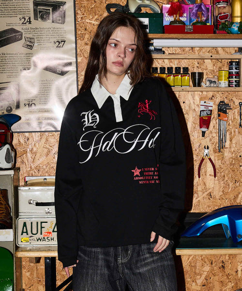 HOODHOOD X HOODGIRLS RUGBY POLO SHIRT LONG SLEEVE - 2 COLORS BLACK