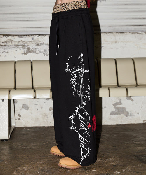 LEOPARD SAGGING STRING SWEAT PANTS - 2 COLORS BLACK
