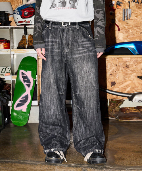 BACK LOGO APPLIQUE WASHED DENIM PANTS - 2 COLORS BLACK