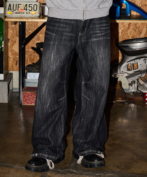 BACK LOGO APPLIQUE WASHED DENIM PANTS - 2 COLORS BLACK
