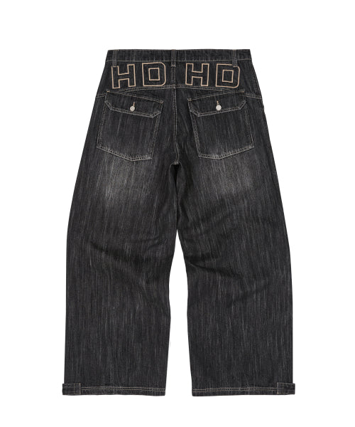 BACK LOGO APPLIQUE WASHED DENIM PANTS - 2 COLORS BLACK
