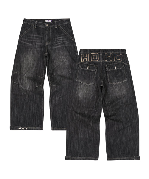 BACK LOGO APPLIQUE WASHED DENIM PANTS - 2 COLORS BLACK
