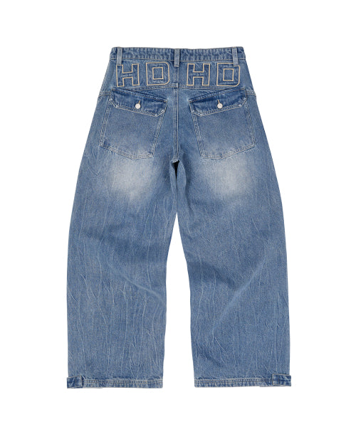 BACK LOGO APPLIQUE WASHED DENIM PANTS - 2 COLORS BLUE