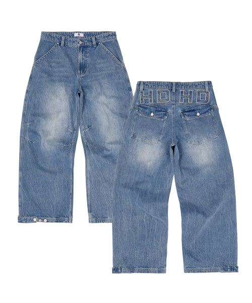 BACK LOGO APPLIQUE WASHED DENIM PANTS - 2 COLORS BLUE