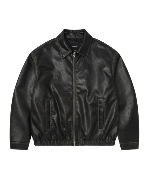 WASHED SYNTHETIC LEATHER JACKET #SANA同款！ BLACK