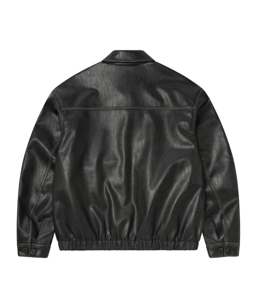 WASHED SYNTHETIC LEATHER JACKET #SANA同款！ BLACK