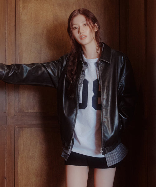 WASHED SYNTHETIC LEATHER JACKET #SANA同款！ BLACK