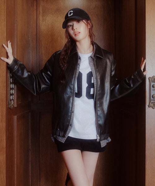 WASHED SYNTHETIC LEATHER JACKET #SANA同款！ BLACK