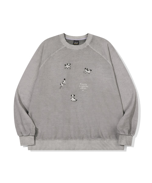 HAPPY PUPPY PATCH PIGMENT RAGLAN SWEATSHIRT - 2 COLORS GHOST GREY