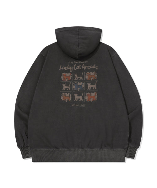 2-WAY ARCADE CAT PIGMENT HOODIE ZIP-UP SMOKE BLACK