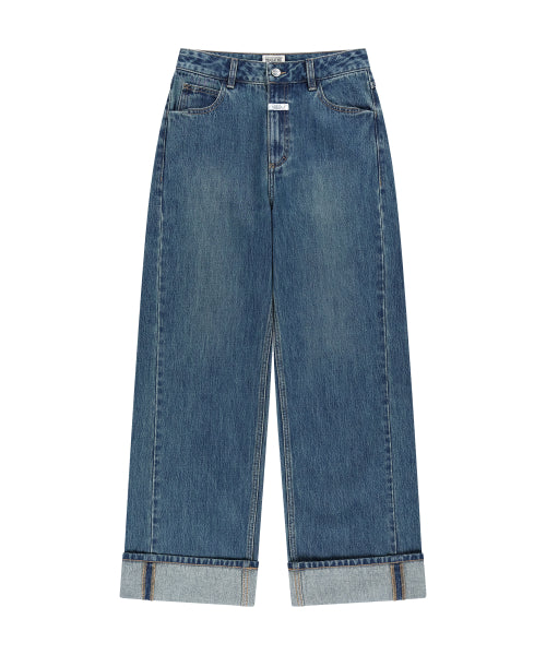 W SEMI WIDE TURN UP DENIM PANTS - 2 COLORS BLUE