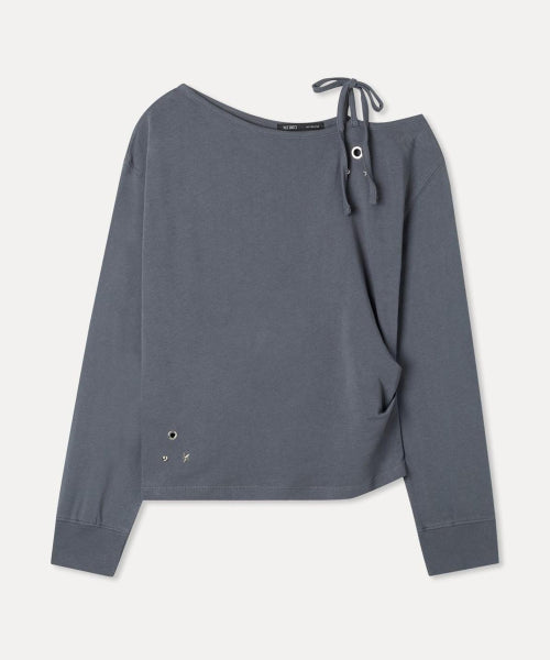 EYELET ONE SHOULDER TEE - 2 COLORS CHARCOAL