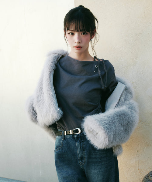 EYELET ONE SHOULDER TEE - 2 COLORS CHARCOAL
