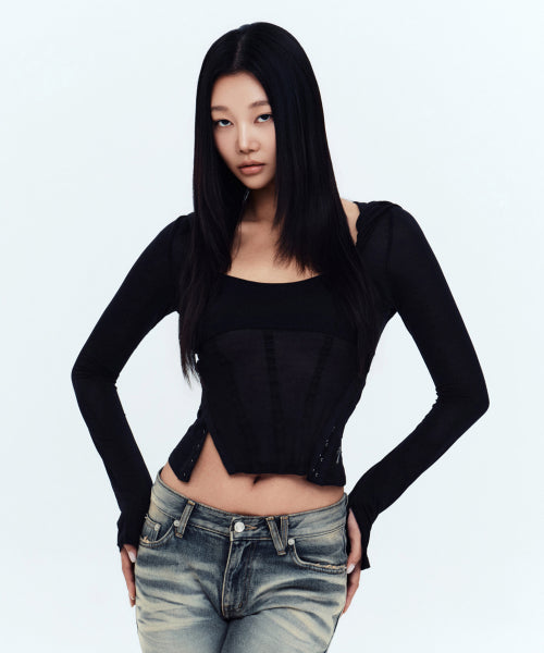 ALIX CORSET HOODIE TOP - 2 COLORS BLACK