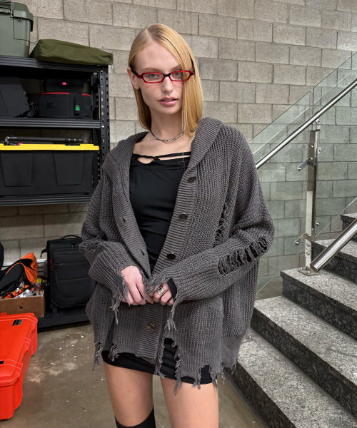 GRUNGE HOOD CARDIGAN - 3 COLORS CHARCOAL
