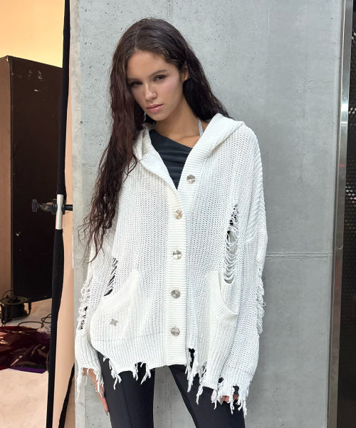 GRUNGE HOOD CARDIGAN - 3 COLORS IVORY