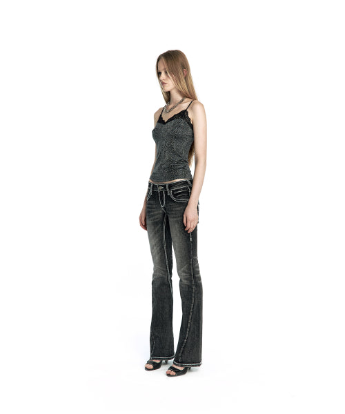 WESTERN CURVE EMBROIDERY JEANS - 2 COLORS BLACK